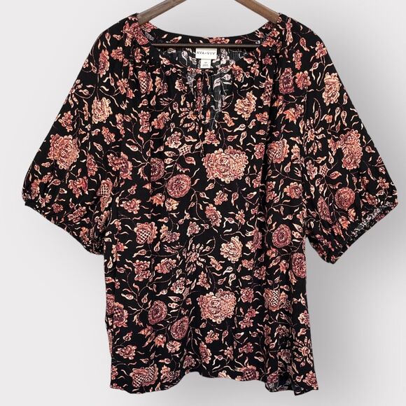 Ava‎ & Viv Blouse Top Women 3X Multicolor Floral Short Sleeve Tie Neckline O62 - Picture 1 of 10